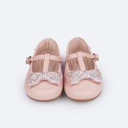 Sapato Infantil Pampili Mini Angel Laço com Glitter e Strass Rosa - frente do sapato com laço e strass
