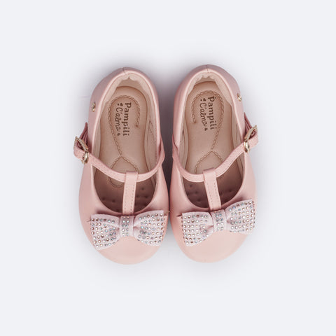 04.992-Sapato Infantil Pampili Mini Angel Laço com Glitter e Strass Rosa - superior do sapato de bebê