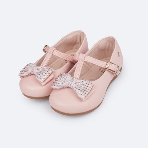 Sapato Infantil Pampili Mini Angel Laço com Glitter e Strass Rosa - frente do sapato de bebê
