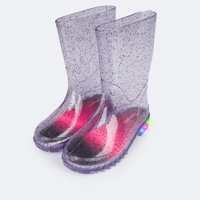 Bota Galocha de Led Infantil Pampili Lulu Glee Transparente Com Glitter Preto - bota de plástico com led