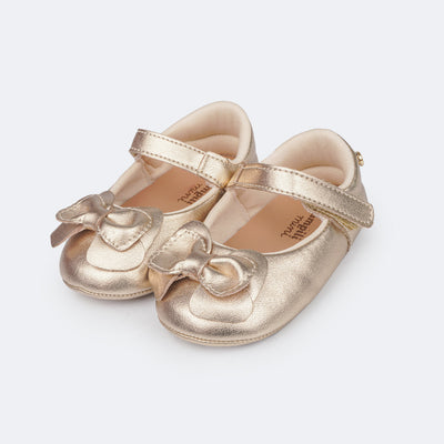 Sapato de Bebê Pampili Nina Laço Duplo Dourado - frente do sapato de bebê dourado
