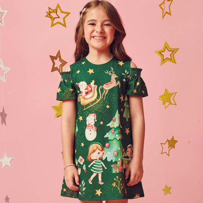 Vestido Infantil Kukiê Natal com Mangas Verde - frente do vestido com estampa natalina