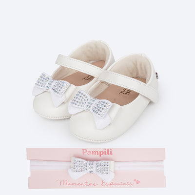 Sapato de Bebê Pampili Nina Laço em Glitter e Strass Branco - Vem com faixa de cabelo!