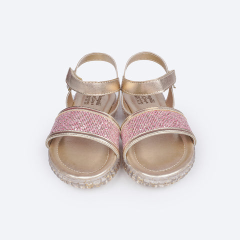 Sandália Papete Infantil Pampili Candy Glitter Flocado Dourada - frente da sandália com glitter