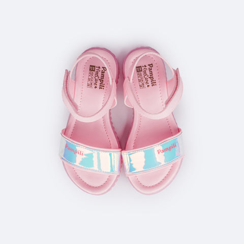 Sandália Papete Infantil Pampili Candy Holográfica Rosa Baby - Vem com Porta Celular - superior da sandália confortável