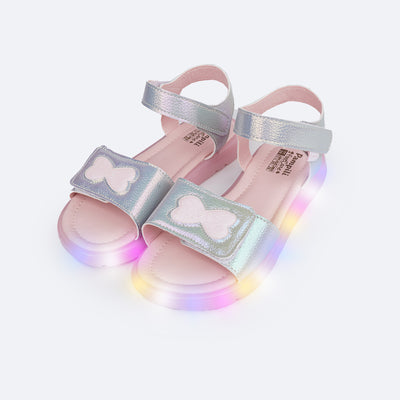 Sandália de Led Infantil Pampili Lulli Laço Glitter Prata Holográfica - frente da sandália
