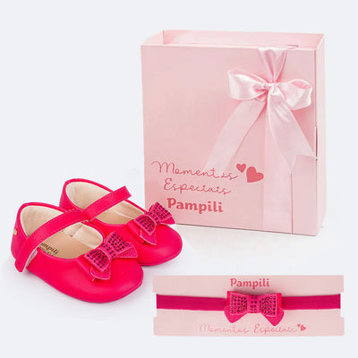 Sapato de Bebê Pampili Nina Momentos Especiais Laço Strass Pink - Ganhe Faixa de Cabelo - sapato de bebê festa