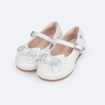 Sapato Infantil Pampili Mini Angel Laço Glitter e Strass Branco - frente da sapatilha branca