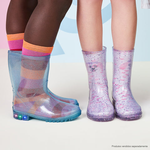 Bota Galocha de Led Infantil Pampili Lulu Glee Transparente Azul - galochas com meias