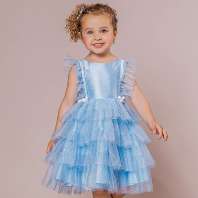 Vestido de Festa Infantil Bambollina Tule Cristal Azul - vestido de festa