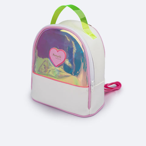 Mochila Infantil Pampili Translúcida Branca e Colorida - frente da mochila com holográfico