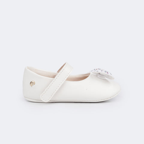 Sapato de Bebê Pampili Nina Laço com Glitter e Strass e Strass Branco - lateral do sapato com velcro