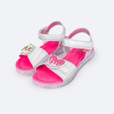 Sandália Papete Infantil Pampili Candy Patches Divertidos Prata e Pink - frente da sandália prata