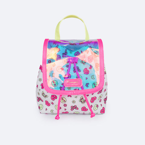 Mochila Bucket Infantil Pampili Borboletas Branca e Colorida - frente da mochila infantil com borboletas e carinhas coloridas