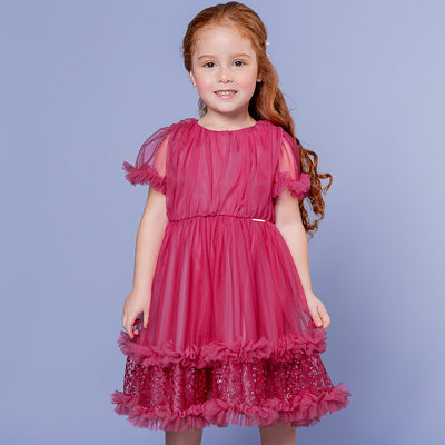 Vestido de Festa Infantil Bambollina Microtule e Paetê Pink - vestido de festa