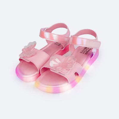 Sandália de Led Infantil Pampili Lulli Borboleta Rosê Holográfica - frente da sandália papete com led
