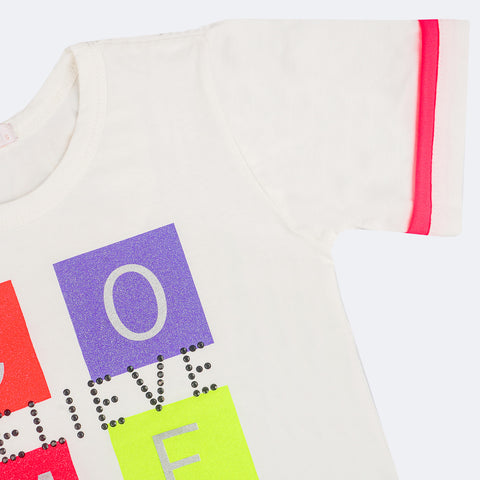 Camiseta Infantil Feminina Pampili Estampa Glitter Neon Come Believe Off White e Colorida - camiseta feminina com manga curta