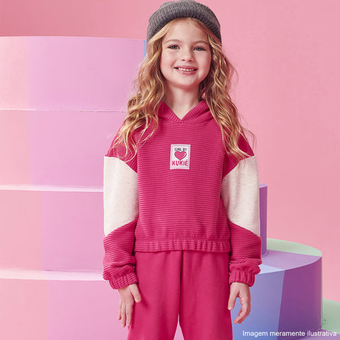 Conjunto Moletom Infantil Kukiê Blusão Boxy com Calça Relevo Pink - conjunto de moletom feminino