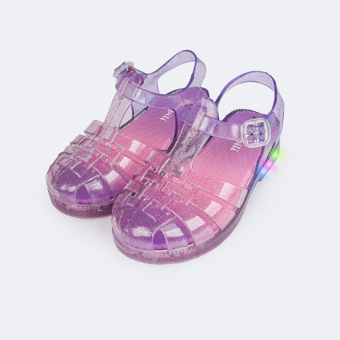 Sandália de Led Infantil Pampili Glee Valen Degradê Roxo Transparente Com Glitter - sandália de plástico infantil