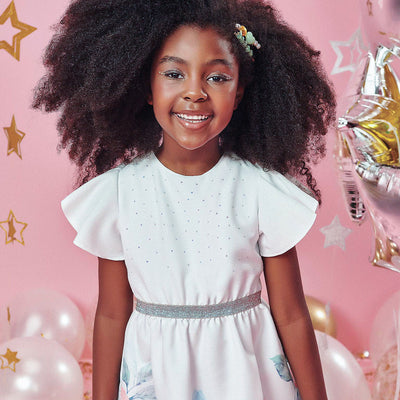 Vestido Infantil Kukiê Flores e Strass Off White - frente do vestido de festa