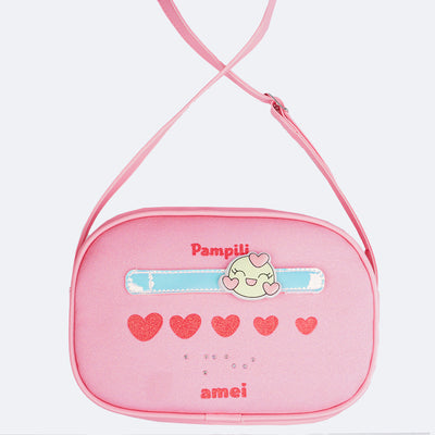 Bolsa Infantil Pampili Corações Diversos Fofurômetro Braile Rosa Neon - frente da bolsa com patch removível