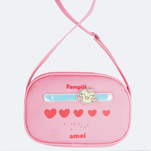 Bolsa Infantil Pampili Corações Diversos Fofurômetro Braile Rosa Neon - frente da bolsa com patch removível