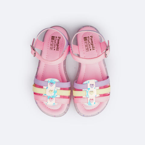 Sandália de Led Infantil Pampili Lulli Corações Rosa Giz e Colorida - superior da sandália colorida