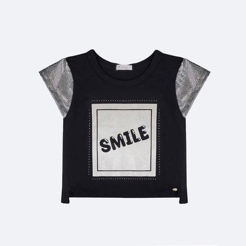 Camiseta Infantil Pampili Smile Preta e Prata Holográfica - camiseta smile