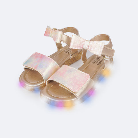 Sandália de Led Infantil Pampili Lulli Laço Degradê Dourada - sandália de led dourada
