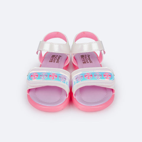 Sandália de Led Infantil Pampili Lulli Docinhos Branco e Rosa - frente da sandalia com velcro