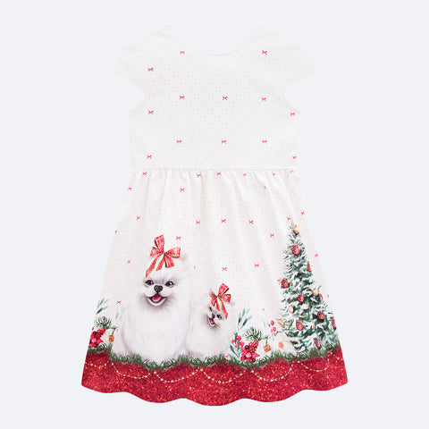 Vestido Infantil Kukiê Natal Cachorrinhos Branco e Vermelho - frente do vestido com cachorrinhos