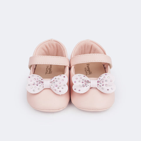 Sapato de Bebê Pampili Nina Laço com Glitter e Strass e Strass Rosa - frente do sapato com laço de glitter e strass