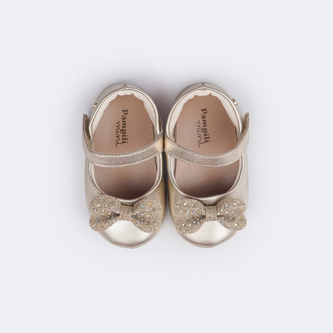 Sapato de Bebê Pampili Nina Laço com Glitter e Strass e Strass Dourado - superior do sapato