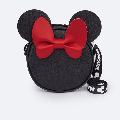 Bolsa Infantil Pampili Transversal Mickey e Minnie Preta Vermelha - traseira bolsa alça regulável