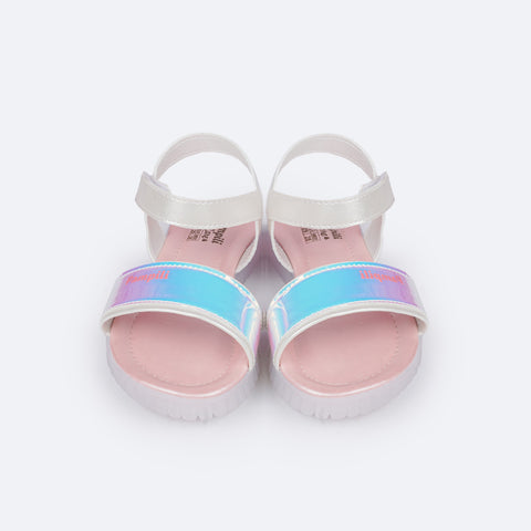 Sandália Papete Infantil Pampili Candy Holográfica Branca - Vem com Porta Celular - frente da sandália com sintético holográfico
