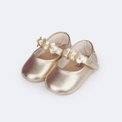 Sapato de Bebê Pampili Nina Flores Dourado - frente do sapat de bebê dourado