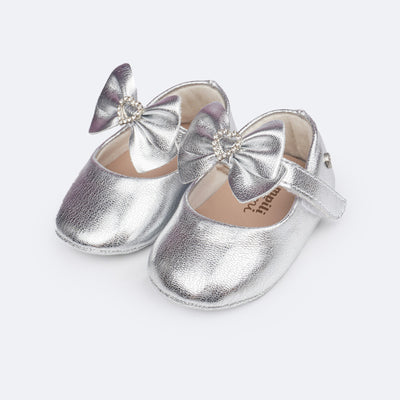 Sapato de Bebê Pampili Nina Laço Coração de Strass Prata 