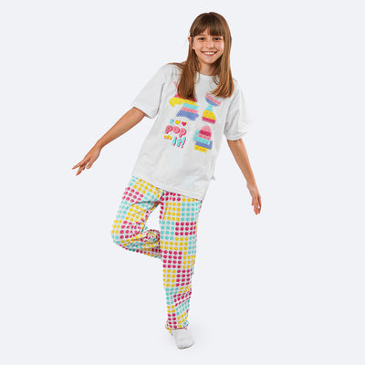 Pijama Infantil Cara de Criança Brilha no Escuro Calça Pop It Branco e Colorido - pijama infantil 