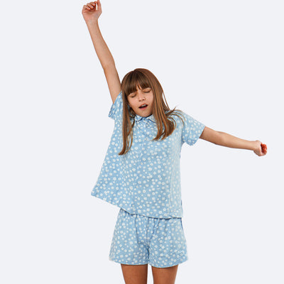 Pijama Infantil Cara de Criança Camisa com Botão Flores Azul - pijama infantil feminino