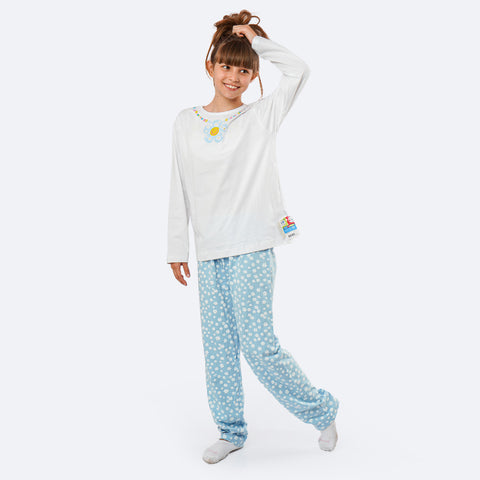 Pijama Pré-Adolescente Cara de Criança Brilha no Escuro Longo Flores Branco e Azul - 10 a 14 Anos - frente do pijama branco e azul