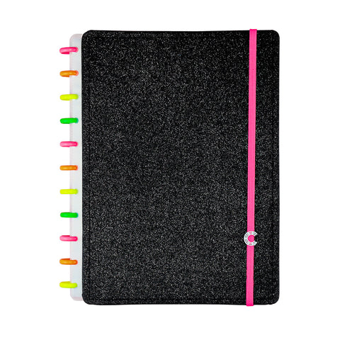 Caderno Inteligente Lets Glitter Neon Grande Preto - frente do caderno com glitter