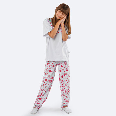 Pijama Infantil Cara de Criança Calça Corações Branco e Pink - pijama infantil