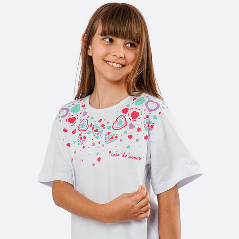 Pijama Infantil Cara de Criança Calça Corações Branco e Pink - pijama infantil feminino