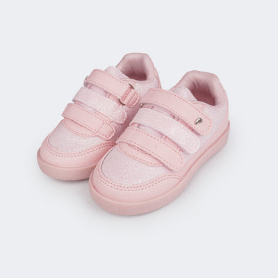 Tênis Escolar Infantil Pampili Slim Mini Joy Glitter Rosa - frente do tenis rosa com glitter