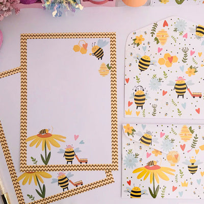 Papel de Carta Buendía Busy Bees Branco e Amarelo - itens do kit