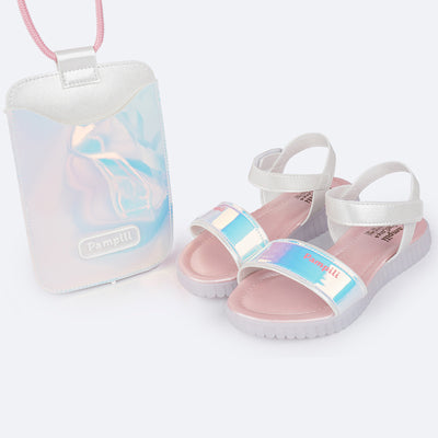 Sandália Papete Infantil Pampili Candy Holográfica Branca - Vem com Porta Celular - frente da papete com mimo