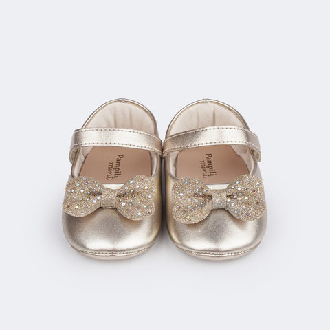 Sapato de Bebê Pampili Nina Laço com Glitter e Strass e Strass Dourado - frente do sapato