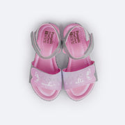 Sandália Papete Infantil Pampili Candy Corações Diversos Braile Degradê Rosa e Prata - superior da sandália com velcro e escrita em strass