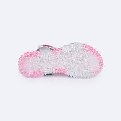 Sandália Papete Infantil Pampili Candy Patches Divertidos Prata e Pink - solado antiderrapante com glitter