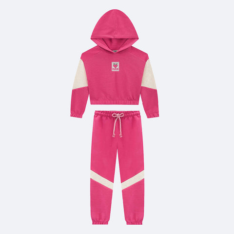 Conjunto Moletom Infantil Kukiê Blusão Boxy com Calça Relevo Pink - conjunto infantil feminino
